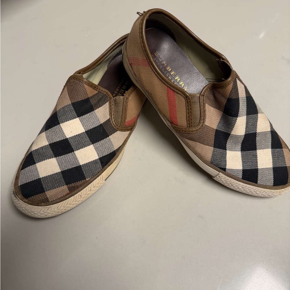 Burberry Plaid Canvas Slip-Ons in Black and Tan